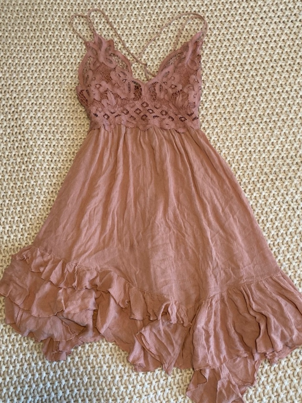 Free People Adella mini dress Desert Rose Lace Bodice Asymmetrical Ruffle